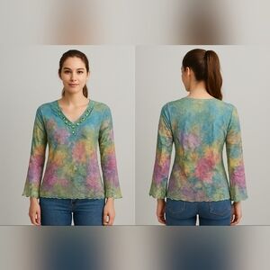David Cline Women's Long Sleeve Beaded Stoned V-Neck Floral Tropic Blouse Sz XL